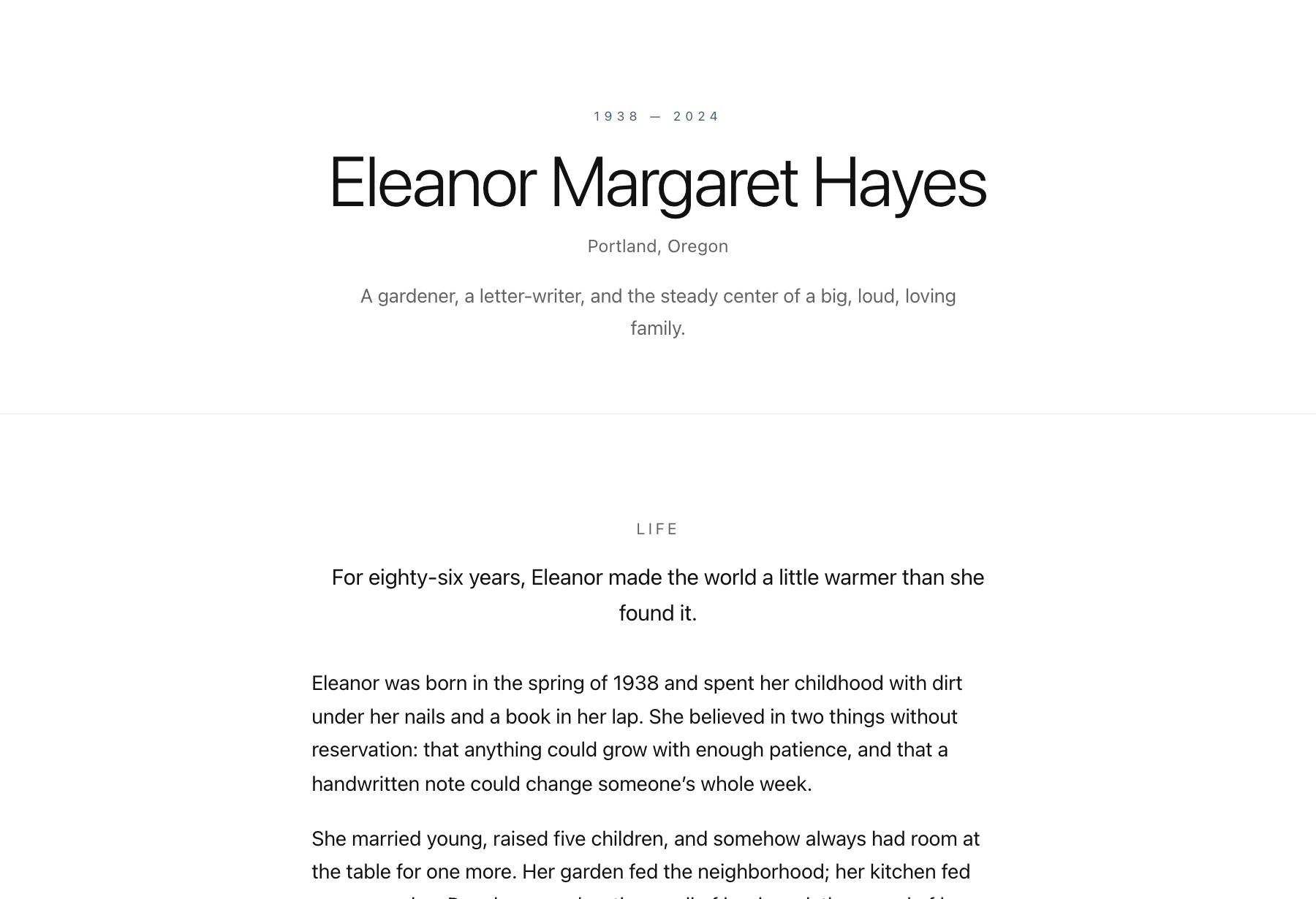 Preview of the Modern Minimal memorial template